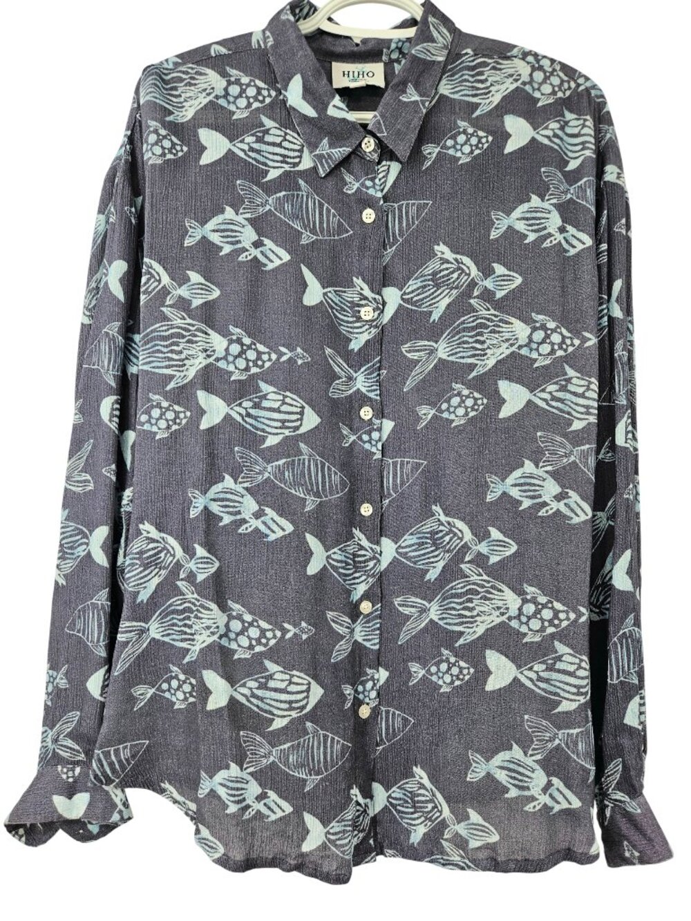 HIHO Vicky Fish Print Button Down Shirt Blue Gray Women's Size M Summer Vacation - Picture 2 of 11